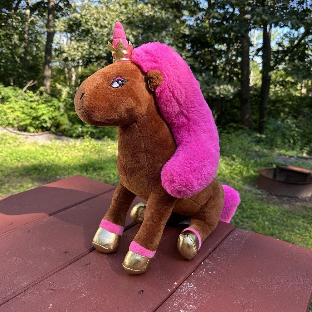 2023 Afro Unicorn Pink Brown Soft Plush Stuffed Animal Horse Magical 16 X 19